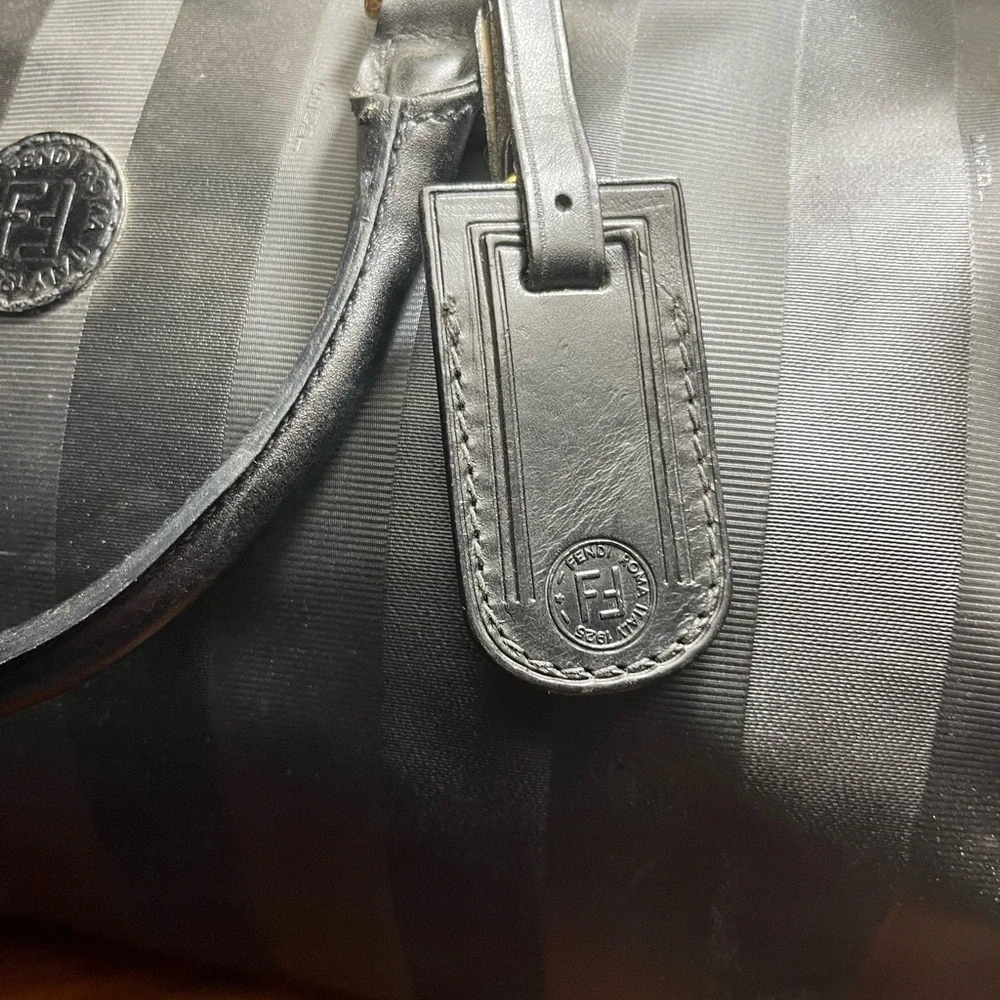 Fendi Black Striped Duffel Bag travel with strap. Convertible Boston bag